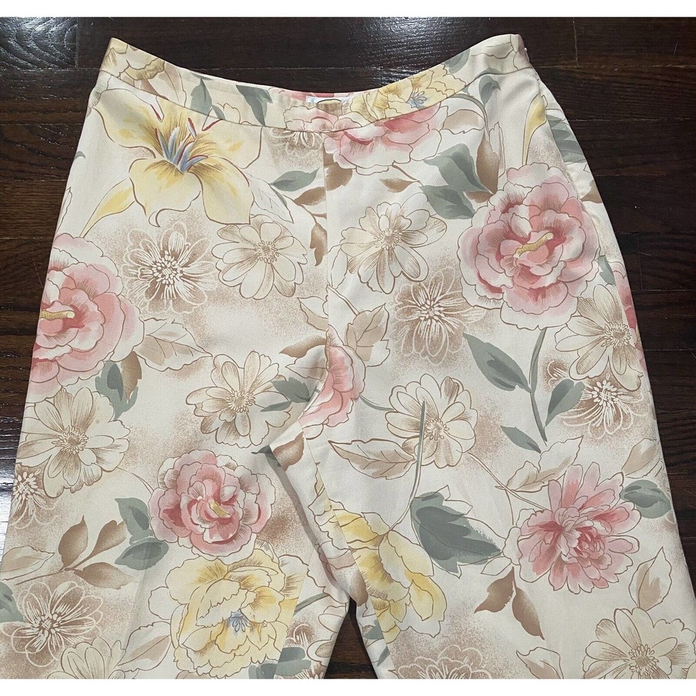 Talbots Petites Silk Blend Pants 14 Tan Pink Yellow Floral Straight Leg Side Zip - Picture 3 of 9